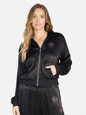 LAUREN MOSHI | Black Zip-Up Hoodie with Pink Rose Embroidery